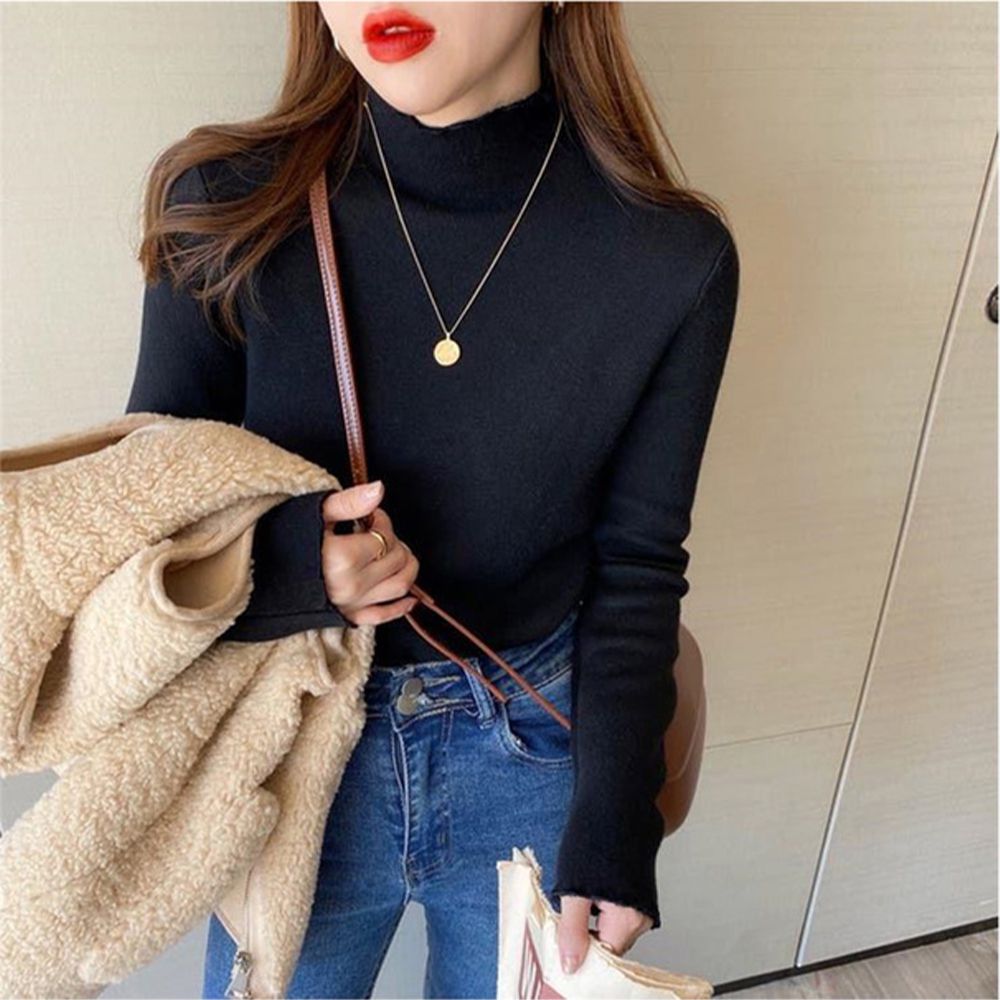 溫暖內毛絨百搭高領針織上衣-黑