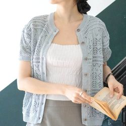 韓國女裝連線 - 韓製 夏日棉麻編織圖騰短袖針織外套/上衣-淺灰藍 (FREE)