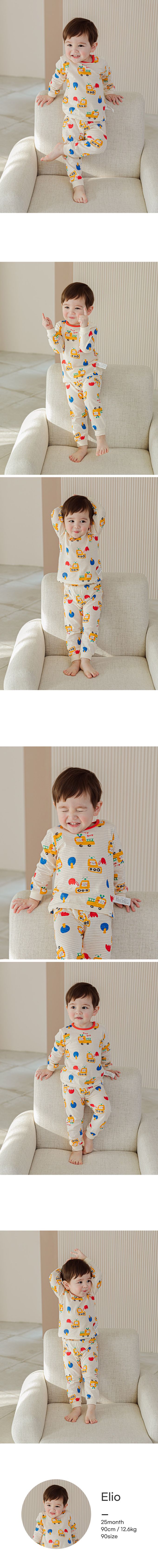 韓國 Cordi-i - 無螢光棉透氣緹花長袖家居服-手繪工程車-米