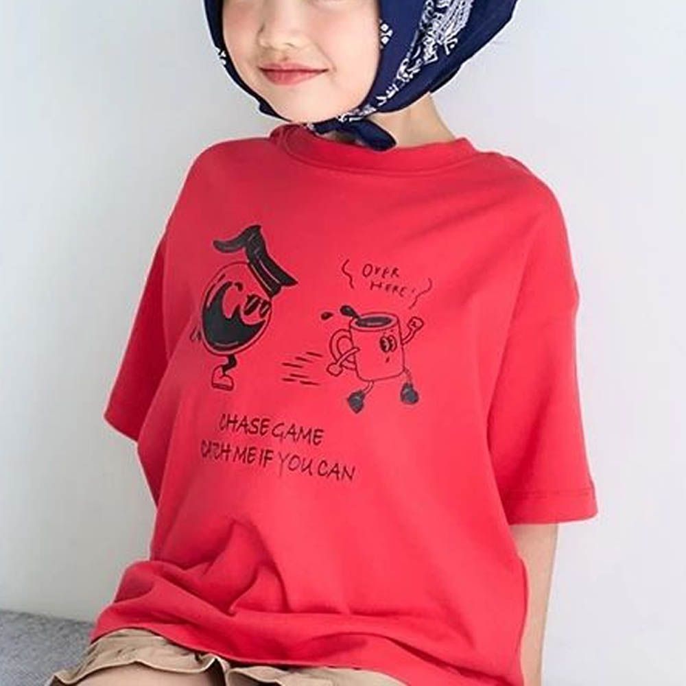 100%棉 幽默印花短袖上衣-跑步咖啡-紅