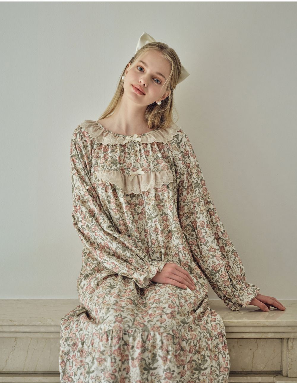 韓國 ULLALA - 絕美公主純棉長袖睡衣-(洋裝式)-奶油色 (FREE)