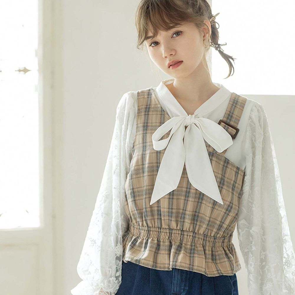 日本 GRL - 刺繡薄紗袖上衣X不規則格紋背心兩件組 (M)