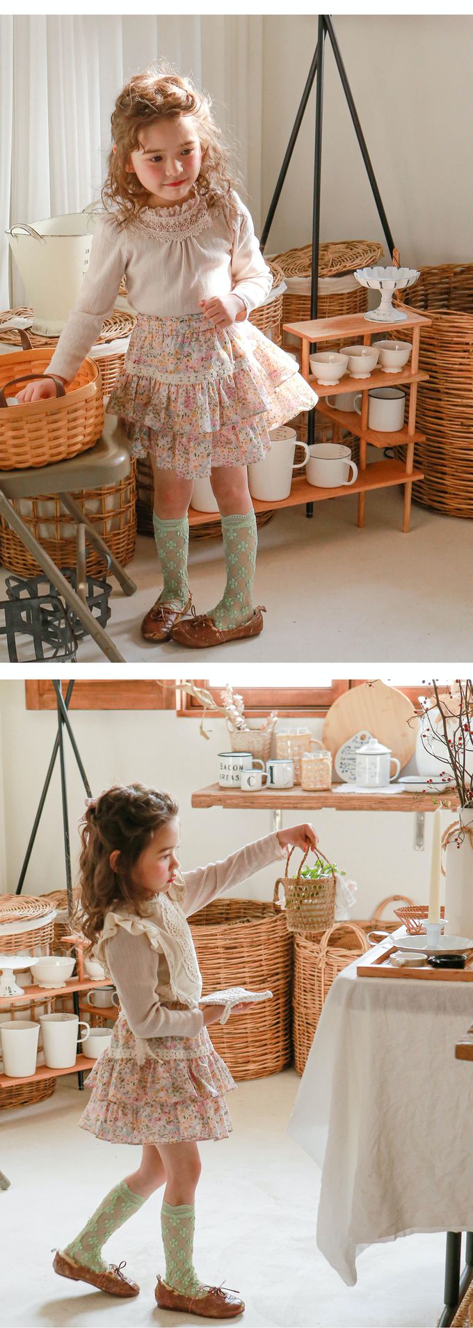 韓國 Puellaflo - 鬆緊腰春漾漫花層次蛋糕裙-粉