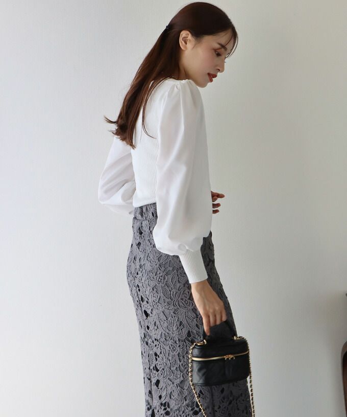 日本 BLUE EAST - V領羅紋拼接泡泡長袖上衣-藍灰