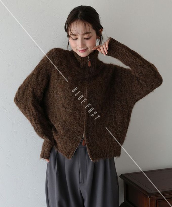 日本 BLUE EAST - 混羊毛麻花紋路立領雙拉鏈針織外套-象牙白