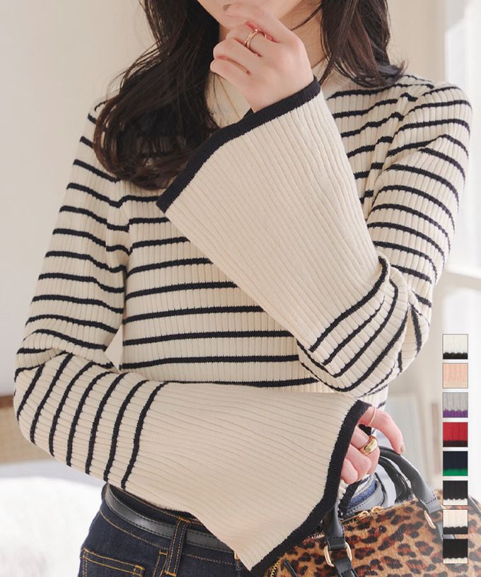 日本 Kobe Lettuce - 美型羅紋袖撞色針織上衣-(可選袖型)-白底條紋