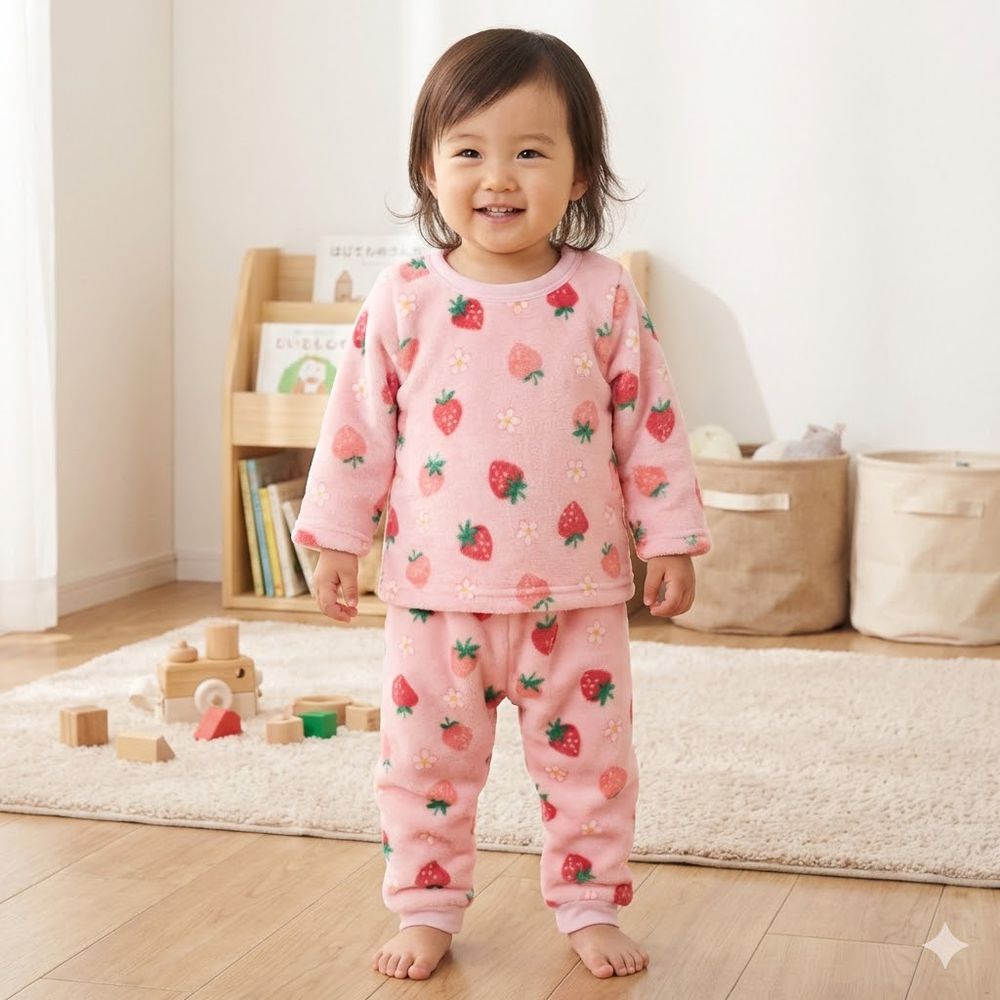 長袖刷毛家居服-草莓-粉紅色