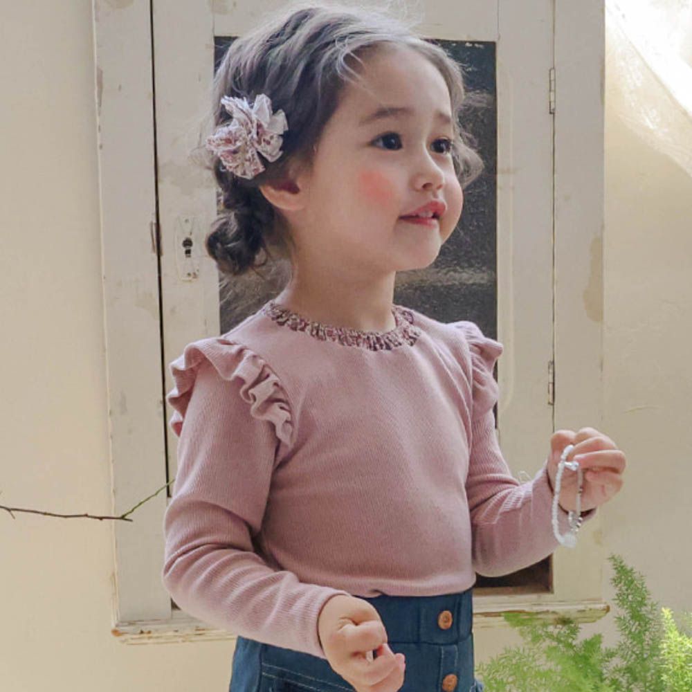 Puellaflo 碎花紋點綴羅紋彈性長袖上衣-藕粉