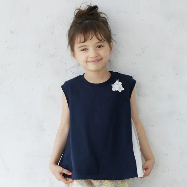 日本 petit main - 小花薄紗拼接A line無袖上衣-淺綠