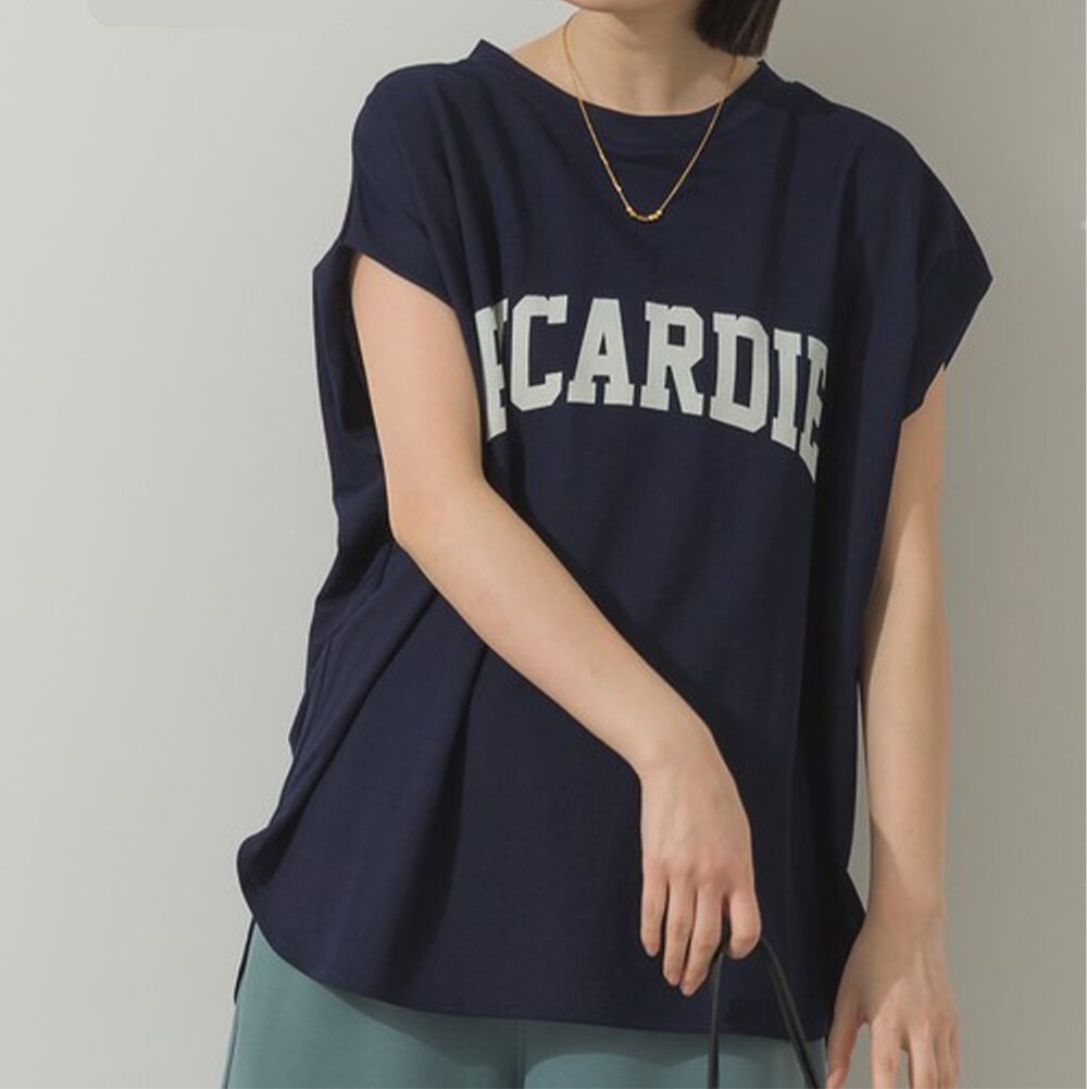 接觸涼感 簡約標語法式袖上衣-海軍藍