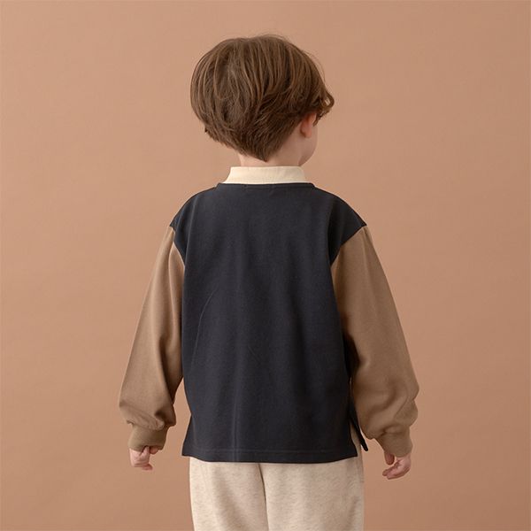 日本 b-ROOM - 運動風立領長袖Polo衫-深藍x棕