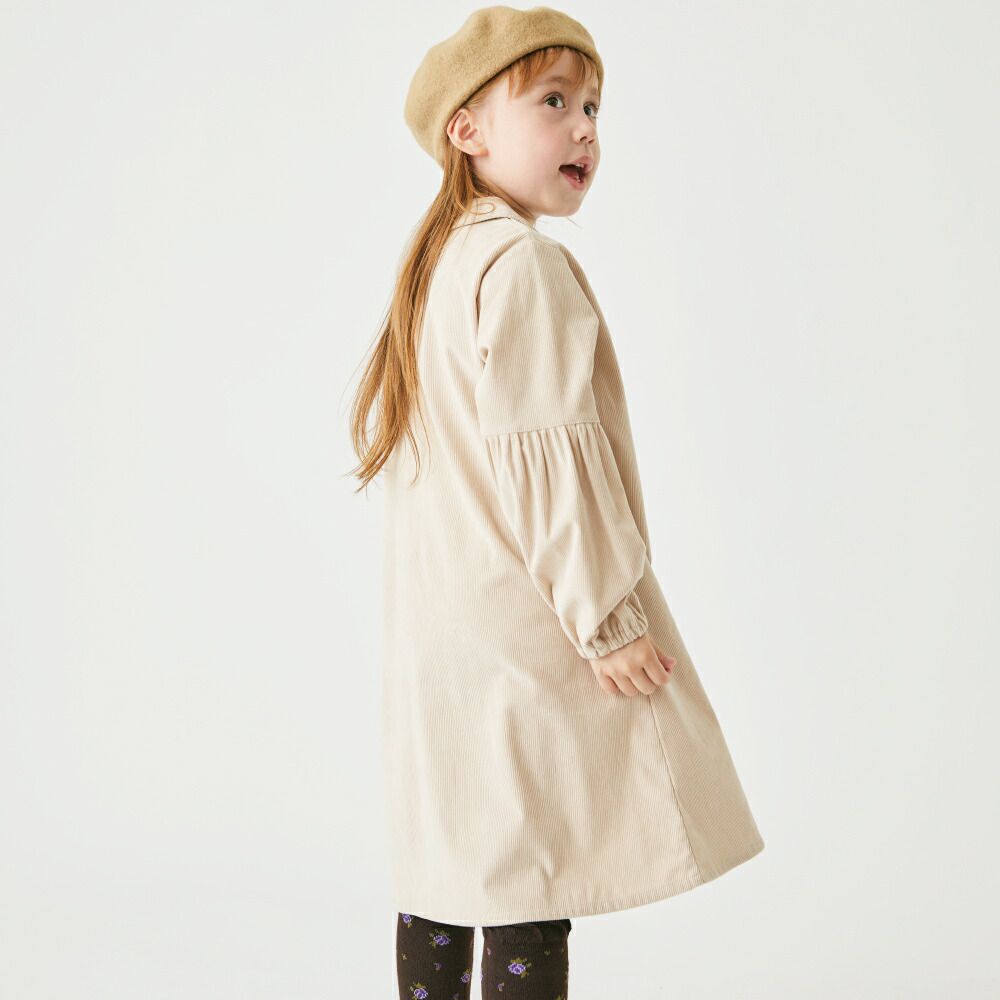 日本 evercloset - 甜美圓領燈芯絨澎澎長袖洋裝-炭灰