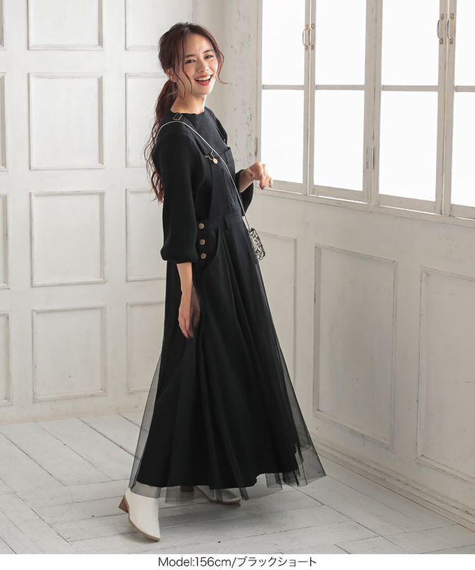 日本 Kobe Lettuce - 工裝風薄紗拼接牛仔吊帶洋裝-靛藍