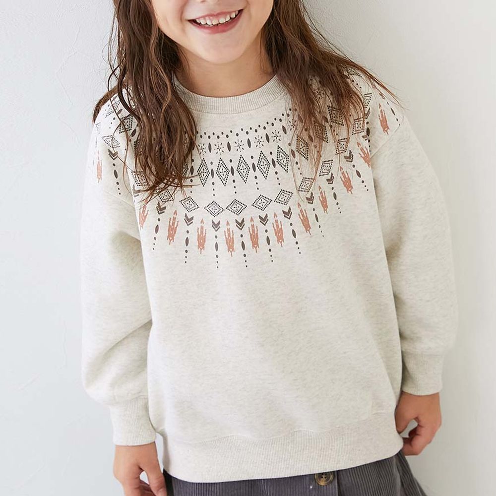 熱銷定番 裏起毛落肩大學長袖上衣-北歐圖騰-燕麥