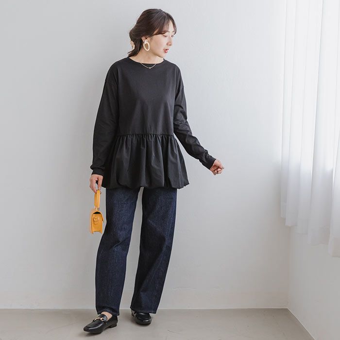 日本 ihuu - 優雅下擺拼接薄長袖上衣-杏白