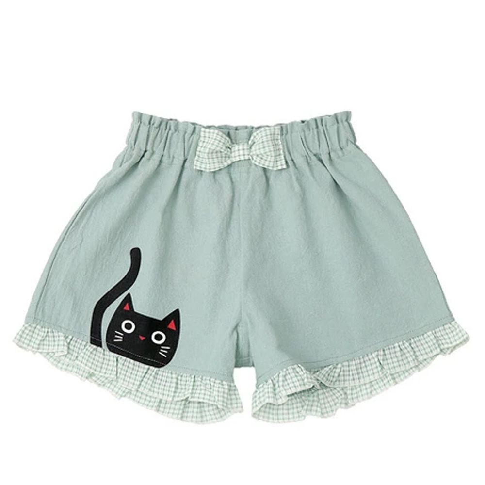 日本 ZOOLAND - 透氣荷葉滾邊短褲-好奇貓咪-薄荷