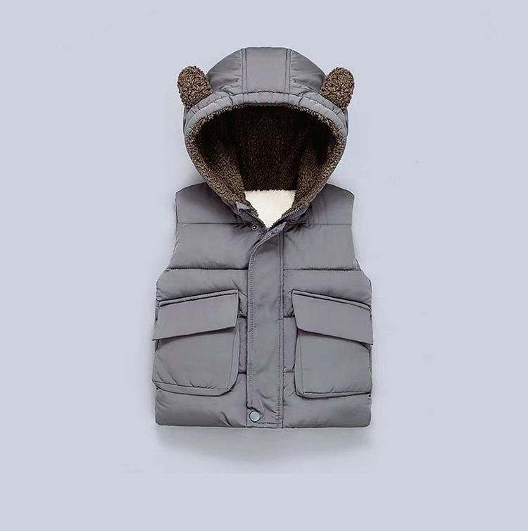 WELLKIDS - 加絨造型暖暖連帽背心-熊熊耳朵-灰綠色