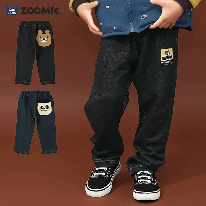 日本 ZOOLAND - 熊熊救援隊 警車標籤舒適牛仔長褲-熊熊口袋-黑