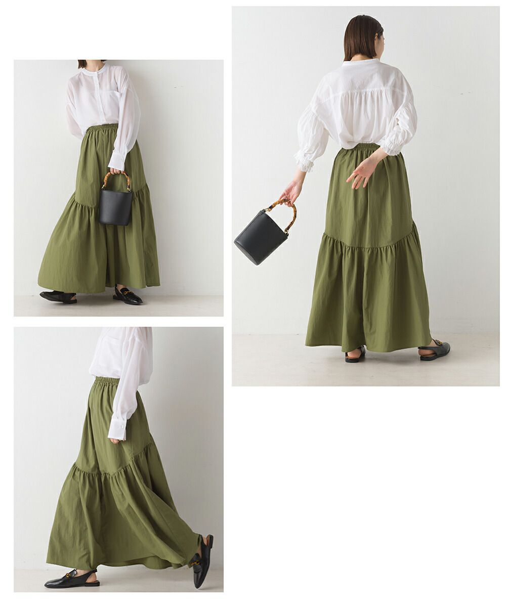 日本 OMNES - 不規則抓皺顯瘦修身長裙-卡其