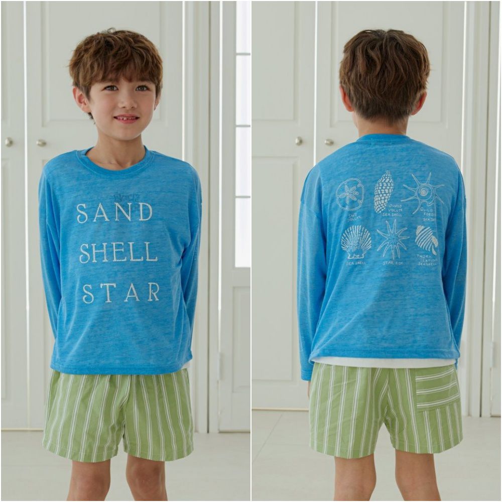 ERINJ 夏日透膚感長袖上衣-字母X貝殼-藍