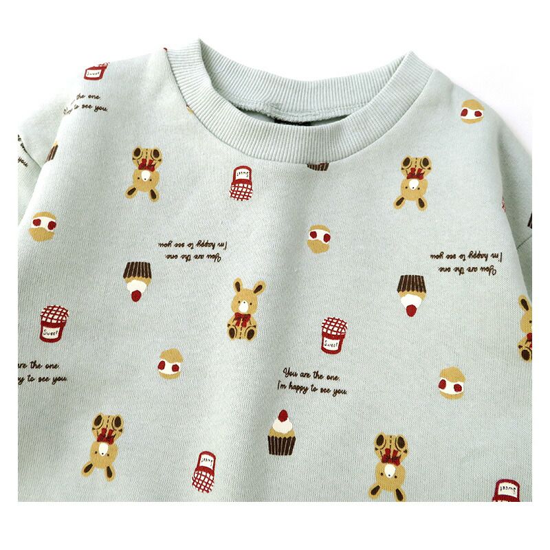 日本 ZOOLAND - 童趣印花圓領純棉長袖上衣-兔兔甜點-淺灰杏