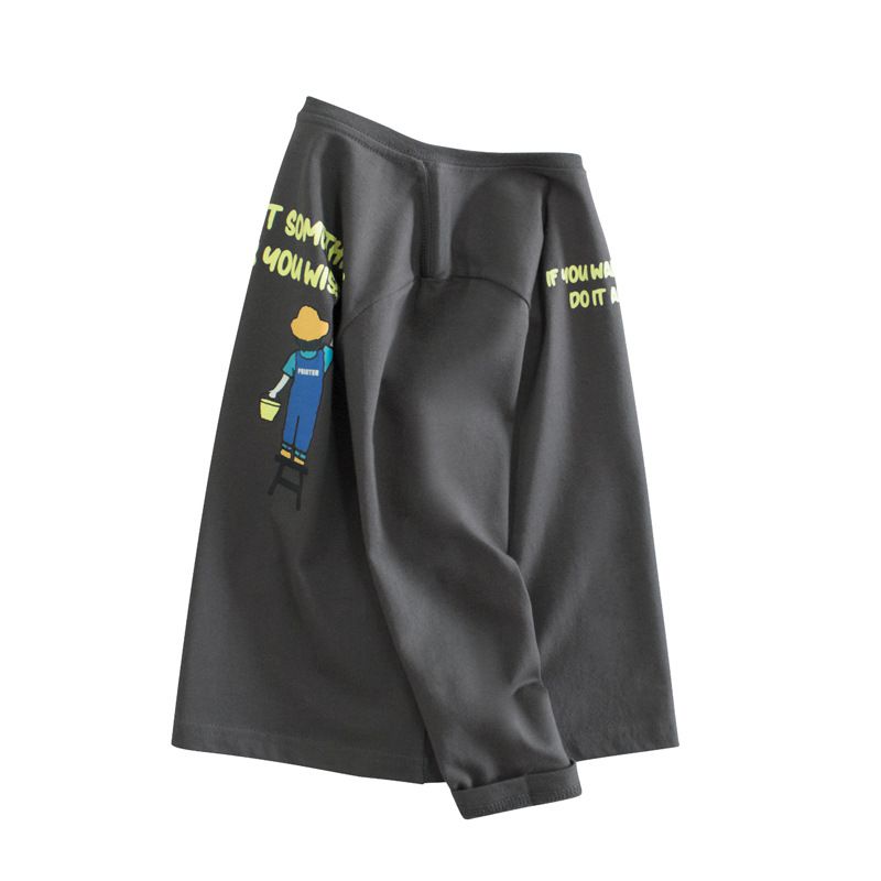 純棉圓領長袖上衣-英文字母-深灰色