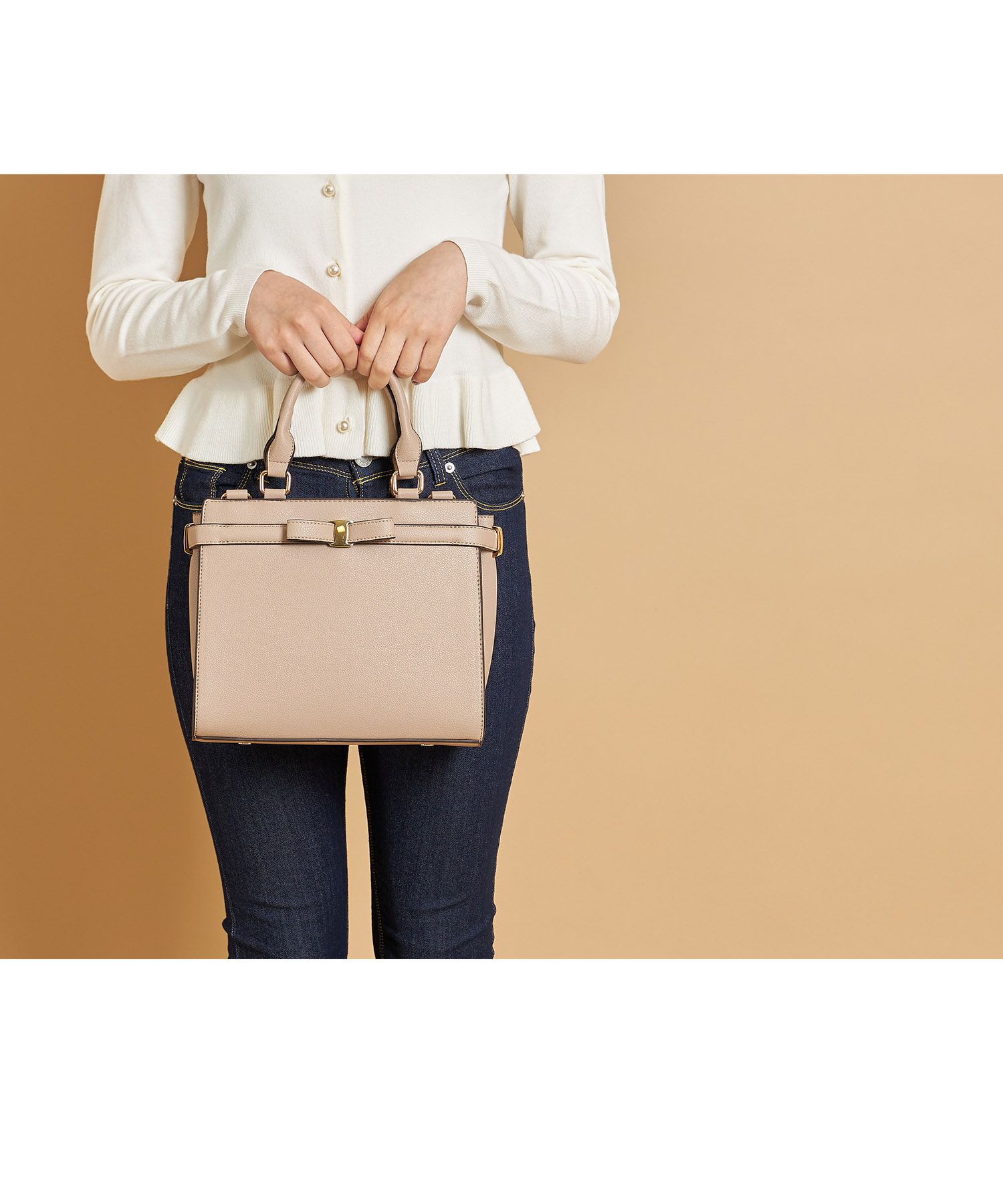 日本 tocco-closet - 蝴蝶結金釦手提包/側背包-氣質杏