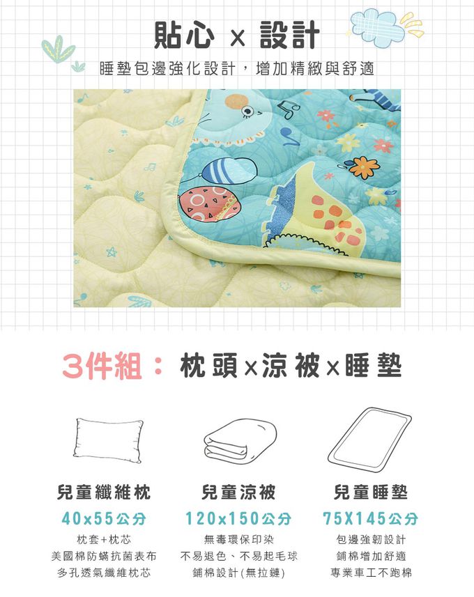鴻宇 HongYew - 兒童三件式睡袋 防螨抗菌100%美國棉 睡墊 涼被 枕頭-迪迪龍2315-綠