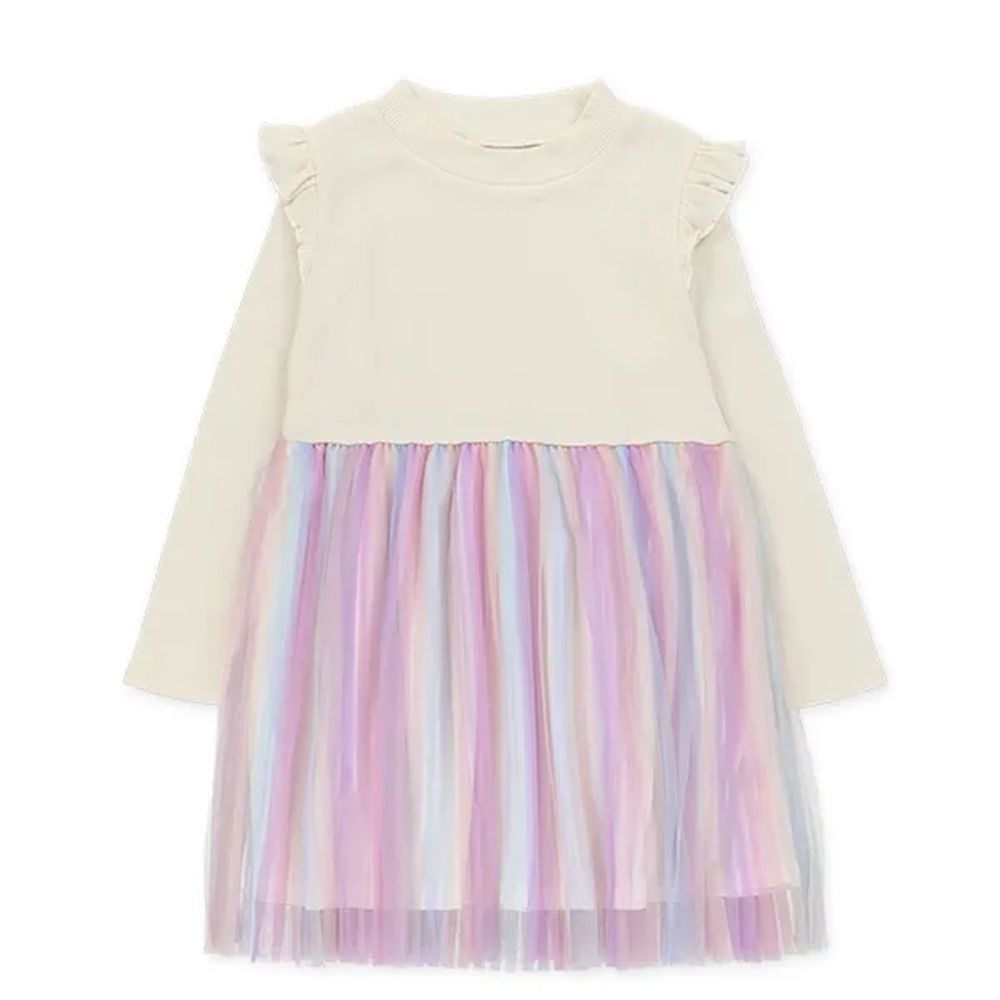 可愛荷葉肩薄紗長袖洋裝-白X粉彩