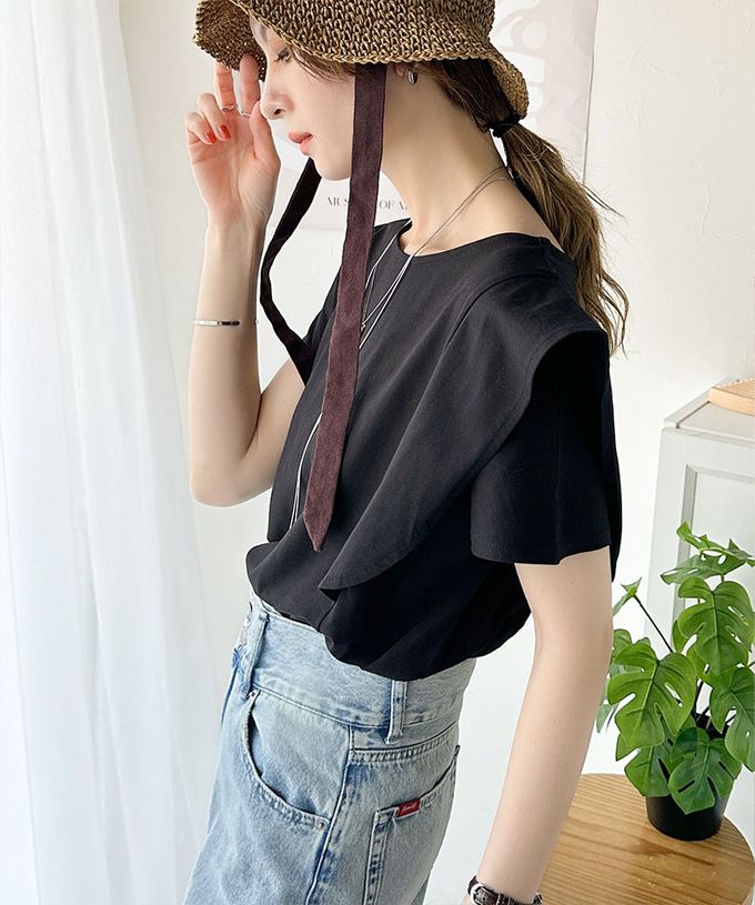 日本 Classical Elf - 純棉柔滑光澤感荷葉袖上衣-灰藍