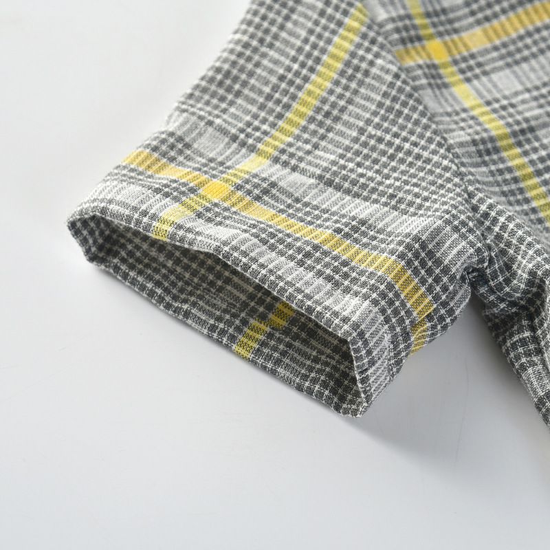 小紳士格紋短袖襯衫套裝-有背帶款-灰+深藍