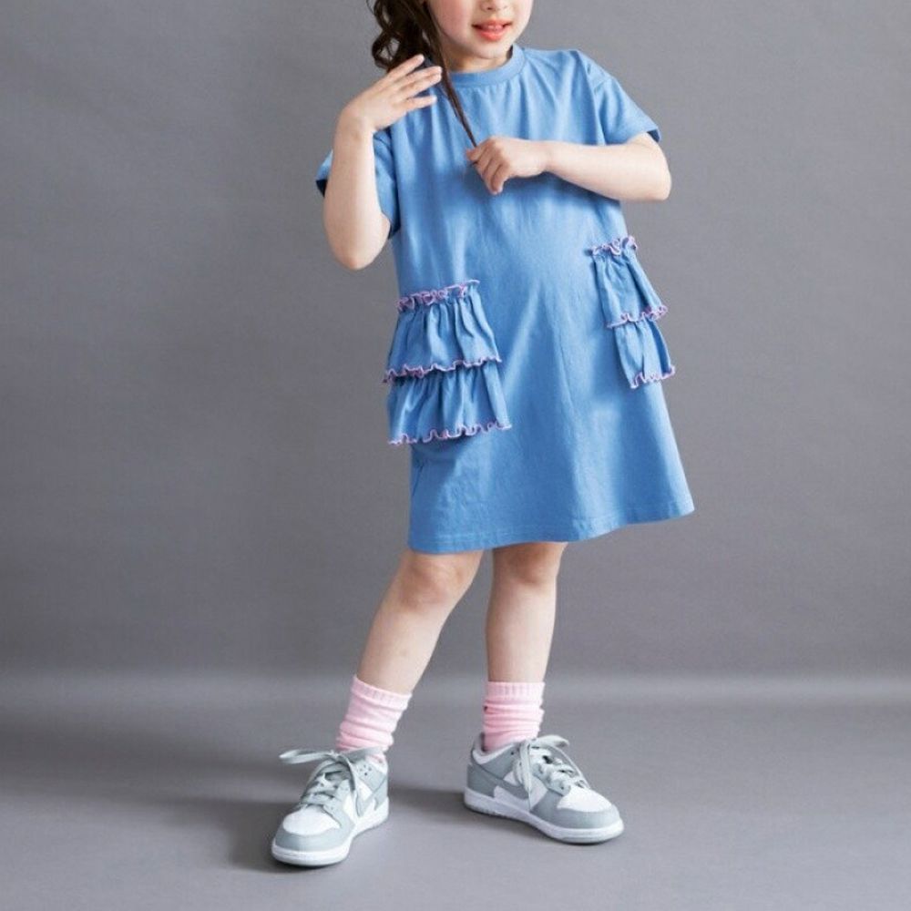 QQ滾邊柔軟天竺棉短袖洋裝-藍