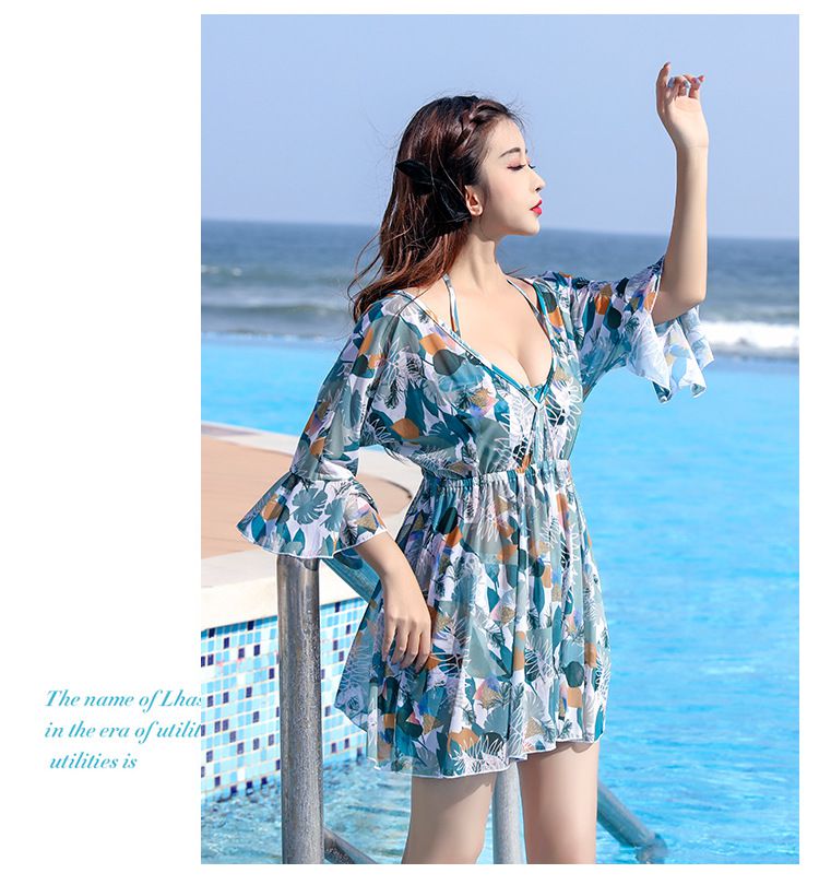 修身顯瘦遮肉連身裙泳衣(三件組)-滿滿樹葉-綠+白