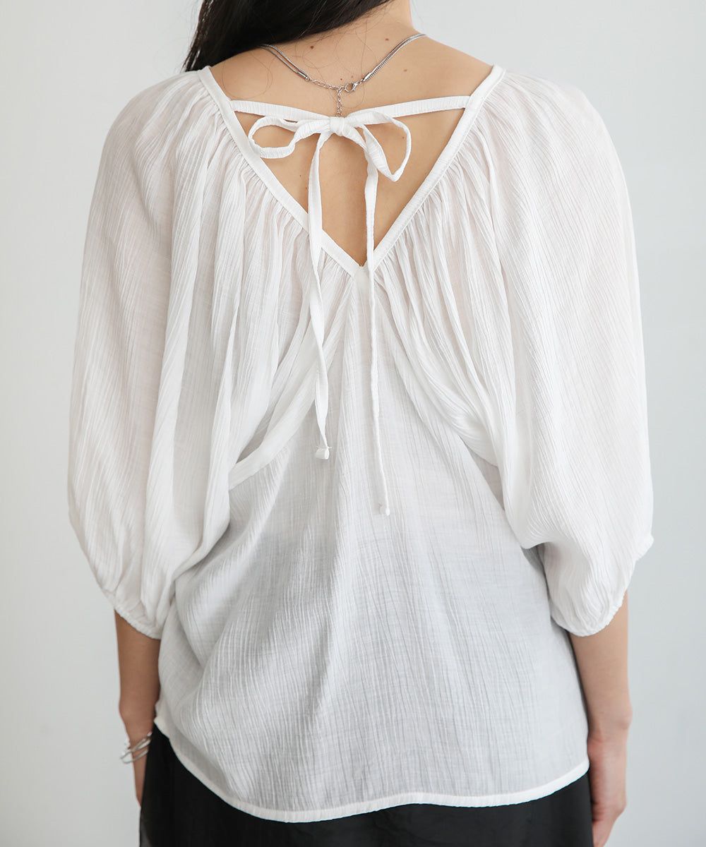 日本 Bab - 嫘縈後綁帶氣球袖上衣-咖啡