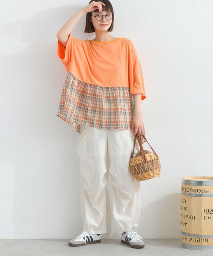 日本 Lupilien - 接觸涼感 可愛格紋休閒五分袖上衣-白