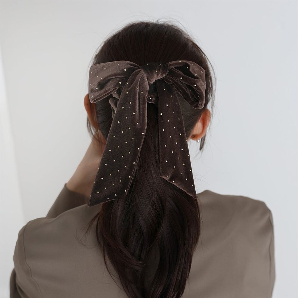 韓國製 天鵝絨耀眼大蝴蝶結髮圈-咖啡