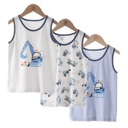 MAMDADKIDS - 竹節棉透氣無袖背心(三件組)-工程車車-白+藍