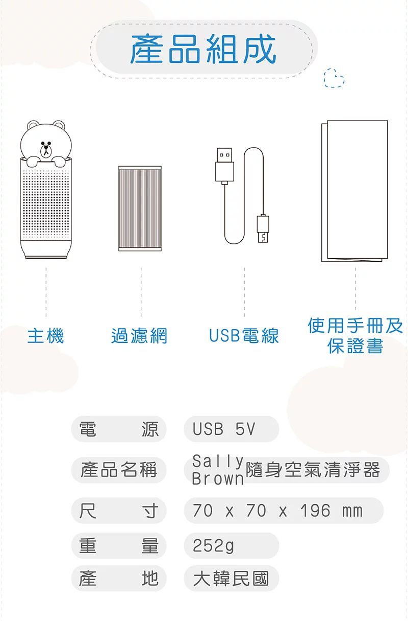 Health Banco 熊大莎莉 空氣清淨機(小漢堡) / 隨身空清機 LINEFRIENDS