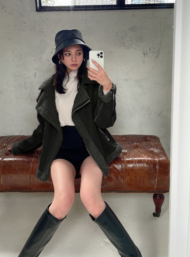 日本 GRL - 羊羔絨拼接寬版騎士夾克/外套-粉紫