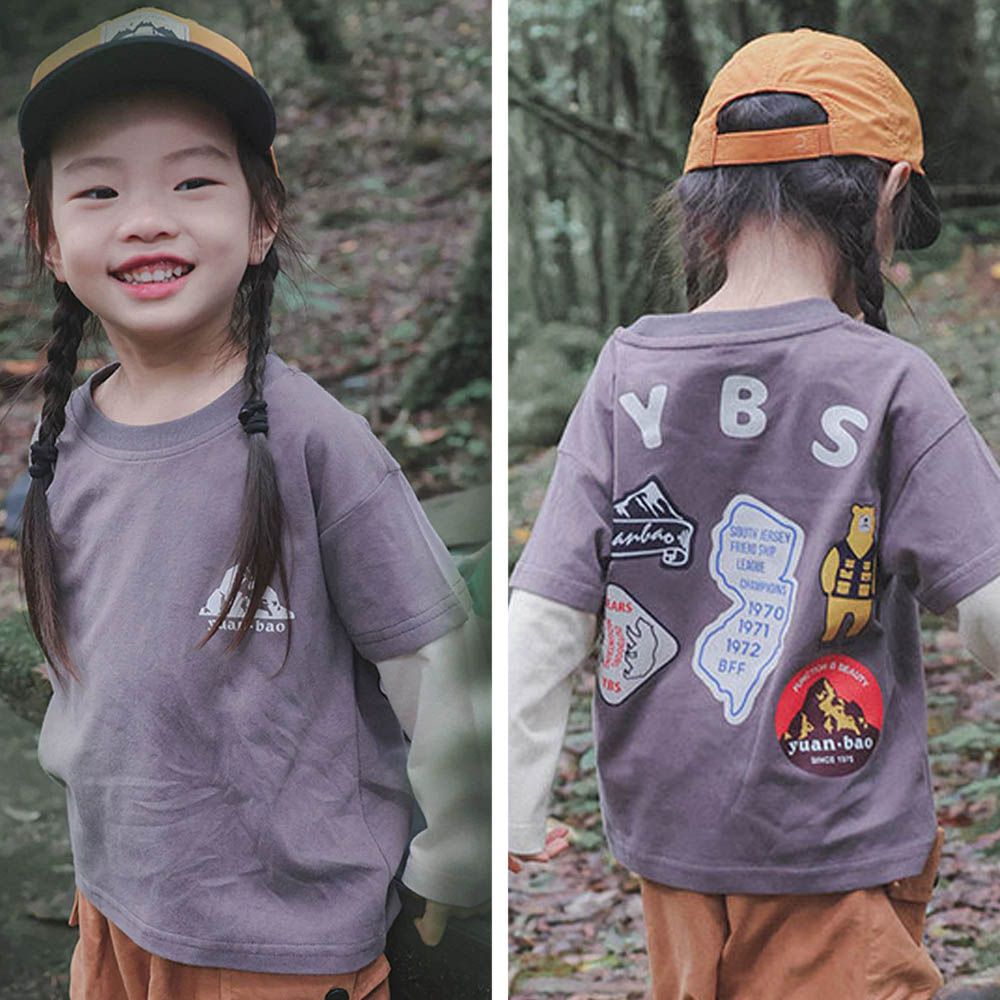 純棉圓領假兩件長袖上衣-標籤印花-灰色