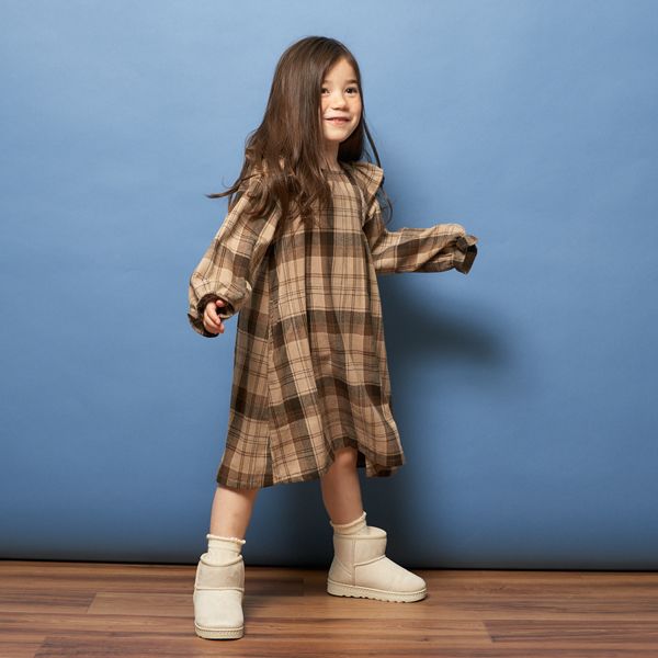 日本 Lycee mine - 法蘭絨浪漫細節長袖洋裝-卡其格紋