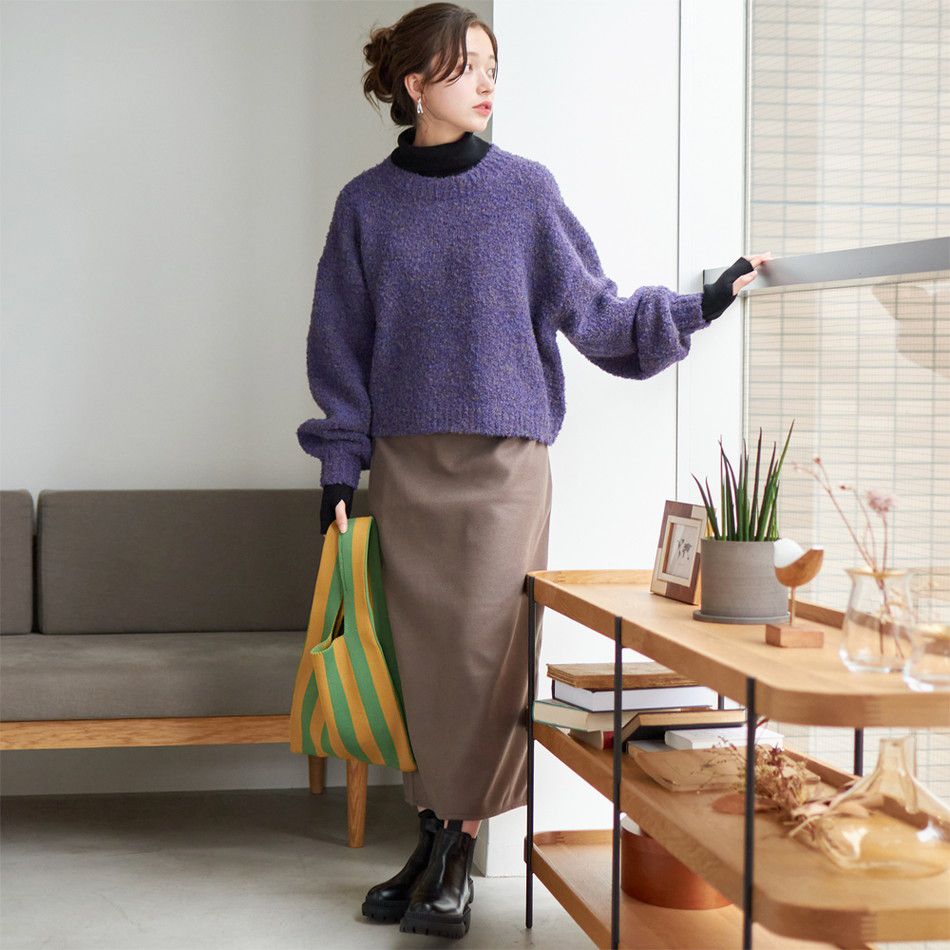 日本 Rejoule - 簡約混絨圓領短版毛衣-葡萄紫