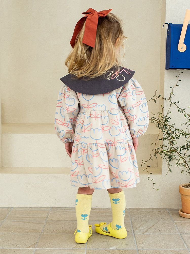 韓國Pimpollo - 可拆翻領可愛花朵洋裝-灰