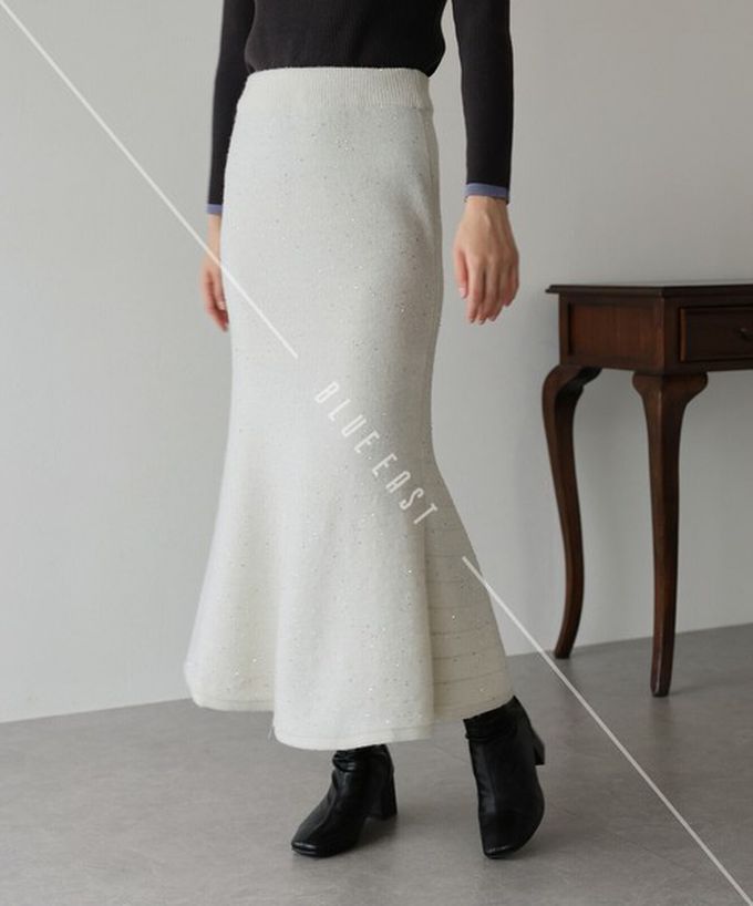 日本 BLUE EAST - 閃耀亮片針織美型魚尾裙-淺卡其