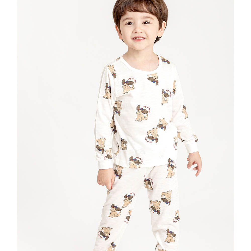 韓製輕柔莫代爾混棉薄長袖家居服-手繪捲毛狗-米白