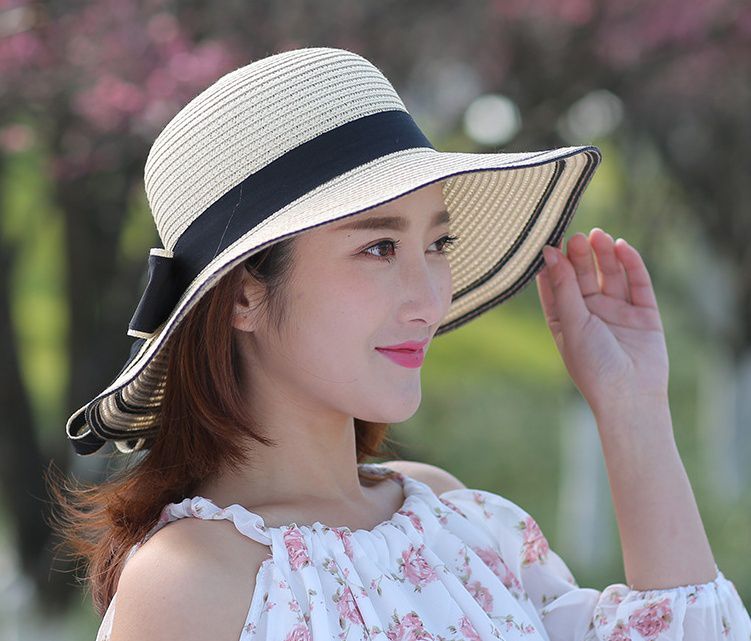 成人大帽沿撞色遮陽草帽-奶白 (55-58cm)