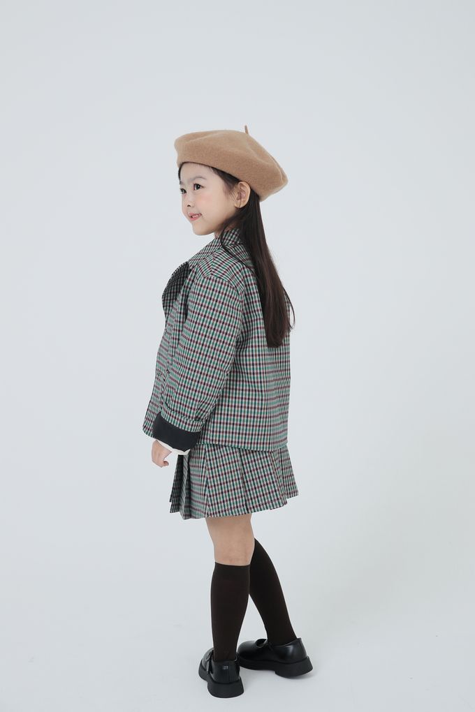 韓國 Coco Bang - 多彩色線格紋翻領西裝外套-咖X紅X綠X藍紫