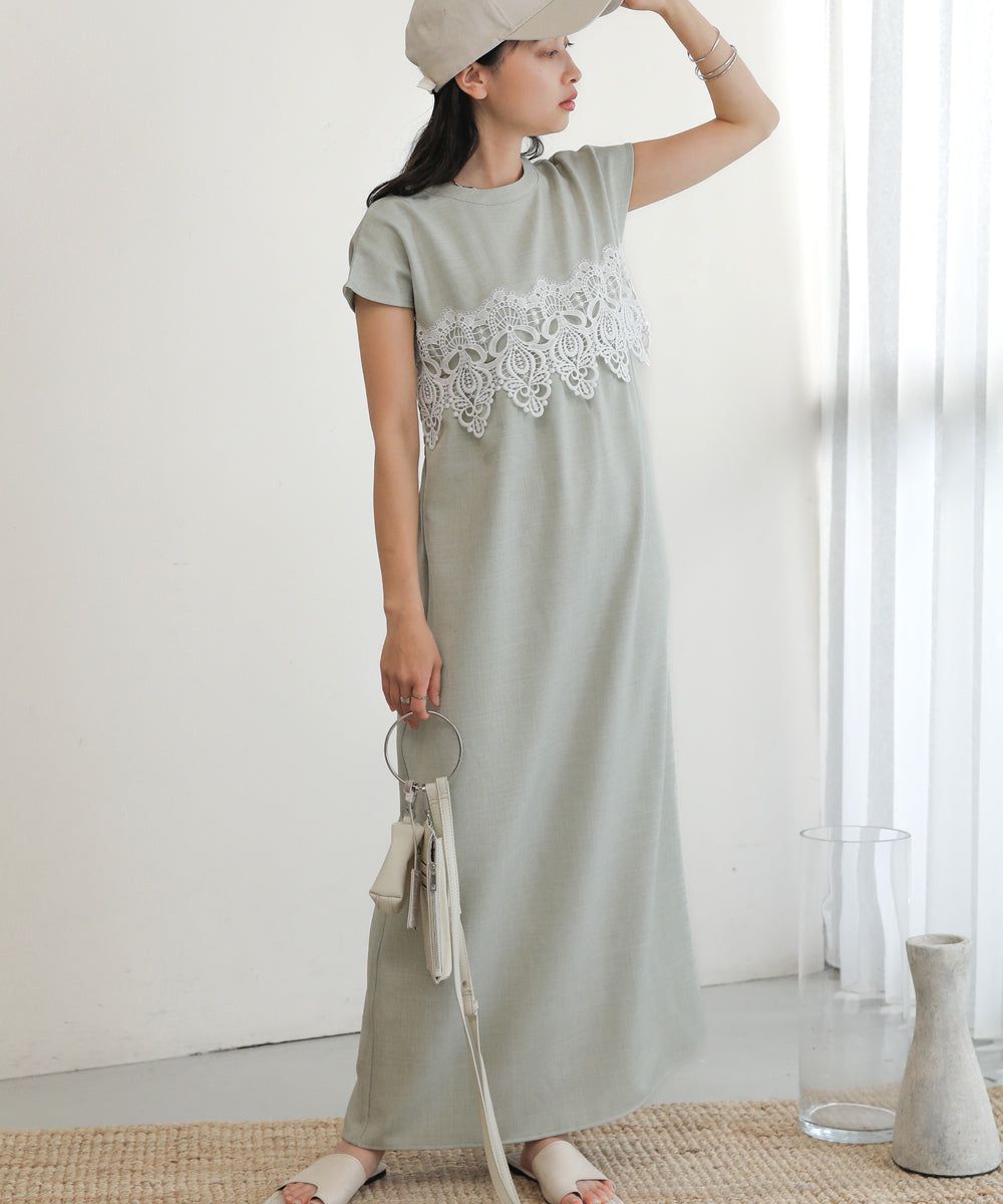 日本 Bab - 前蕾絲拼接短袖洋裝-黑