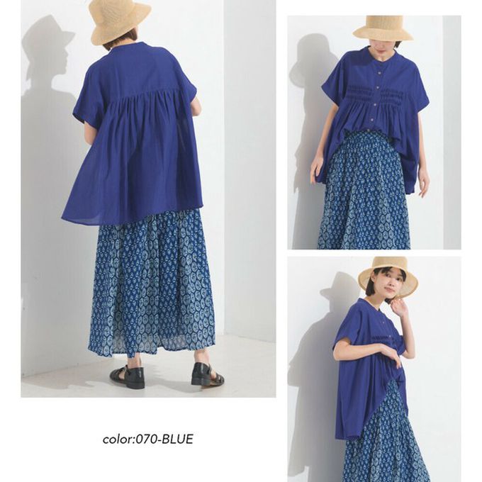 日本 OMNES - 100%印度棉 皺摺傘狀短袖襯衫-棕條紋