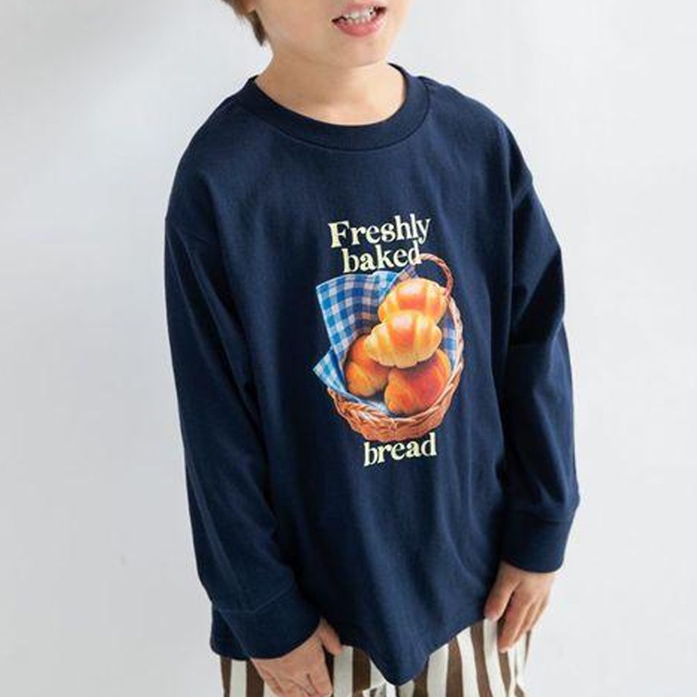 100%棉 美味季節印花長袖上衣-可頌麵包-海軍藍